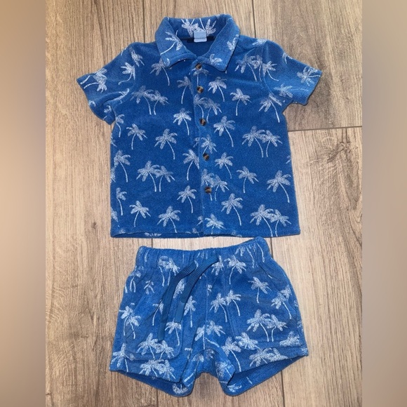 ANDY & EVAN Kids' French Terry Button-Up Shirt & Shorts Set | Palm trees - Picture 4 of 8